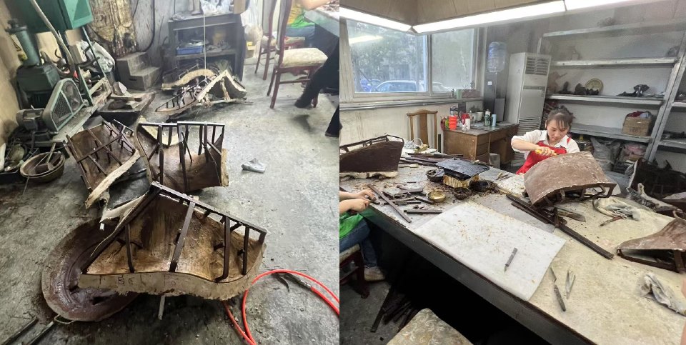 Split image of a workshop in two stages: on the left, several curved metal moulds and frames are laid out on a dusty factory floor; on the right, a craftsperson sits at a workbench carefully shaping and assembling metal pieces, with tools, materials, and shelving visible around them.