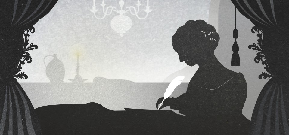 silhouette of a woman writing with a quill