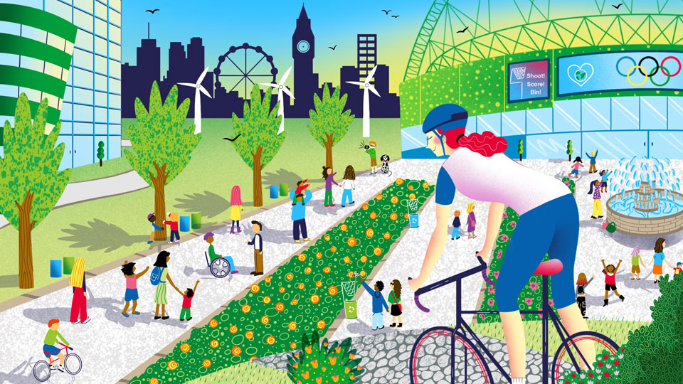 An illustrations showing a cyclist pausing for breath above the Olympic Park in London - people around the park are active, engaged in various pursuits