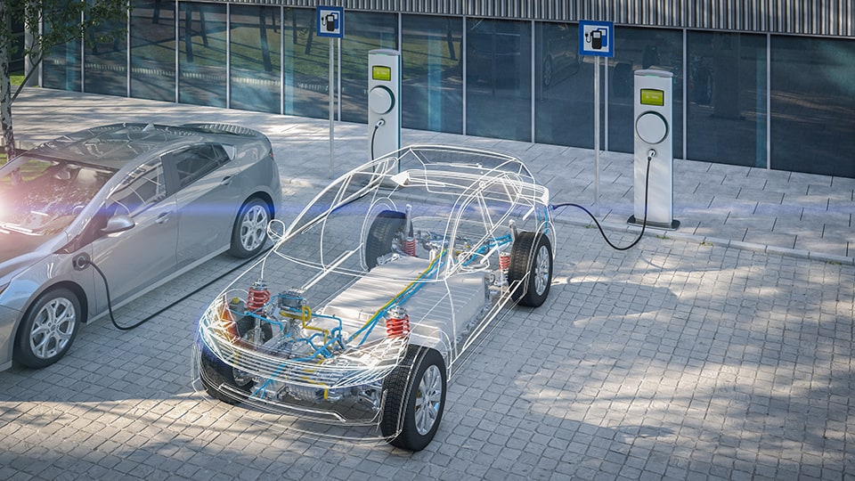 Electric car with x-ray battery charging in public car park