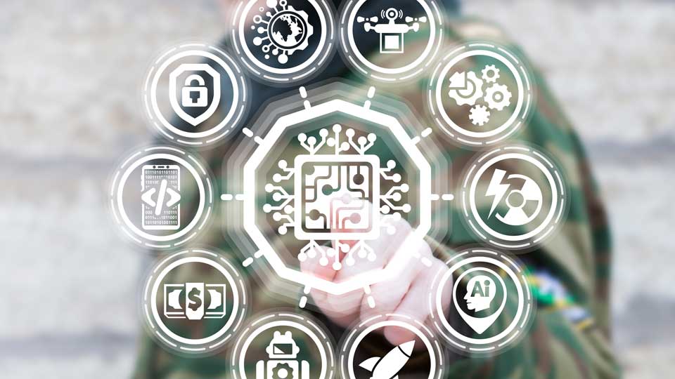 Soldier clicks a semiconductor button which is surrounded by a circle of hardware icons