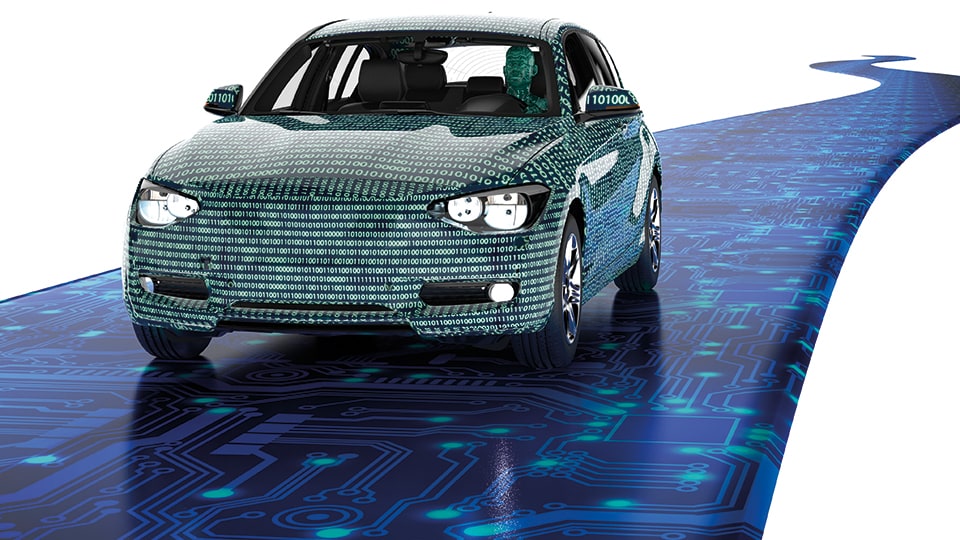 Self-driving electronic computer car on road