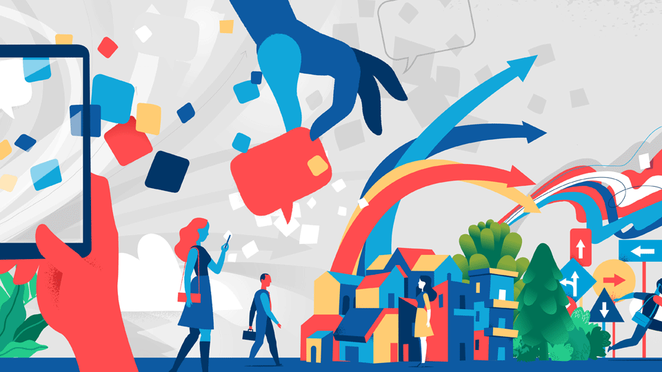 Illustration of street scene, showing various digital communication devices