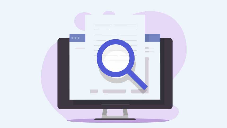 Illustration of a computer screen with a paper document and magnifying glass, floating in front