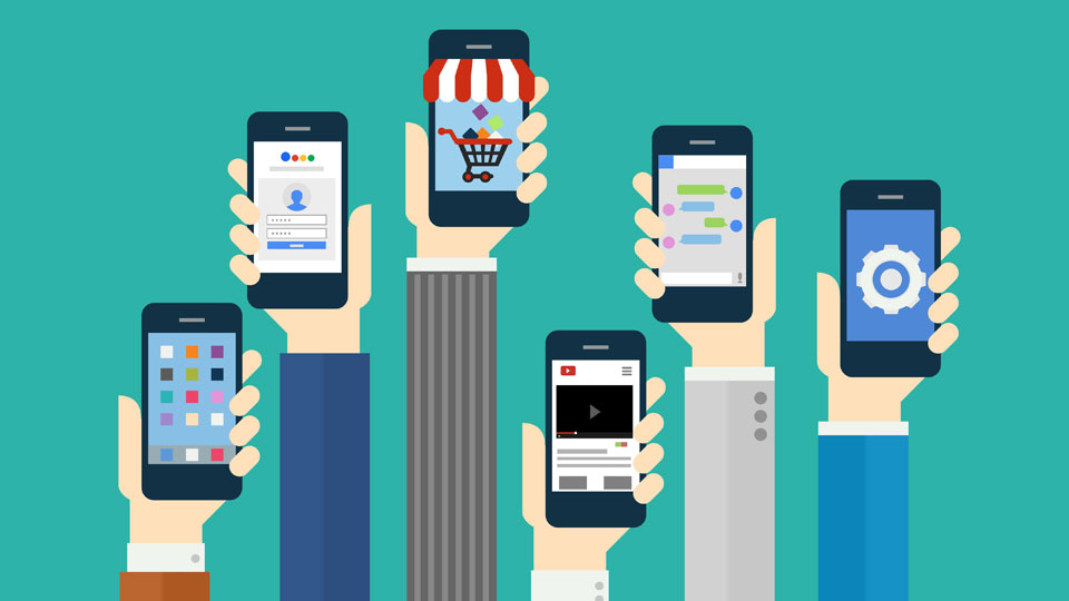 Illustration of hands, each holding up a mobile phone