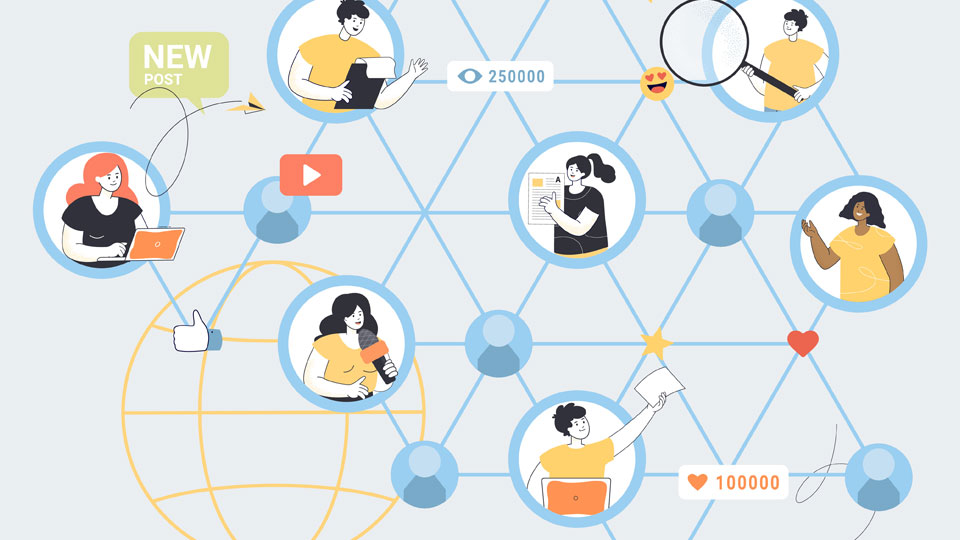 Illustration of people - in circles - connected by lines suggesting digital networks
