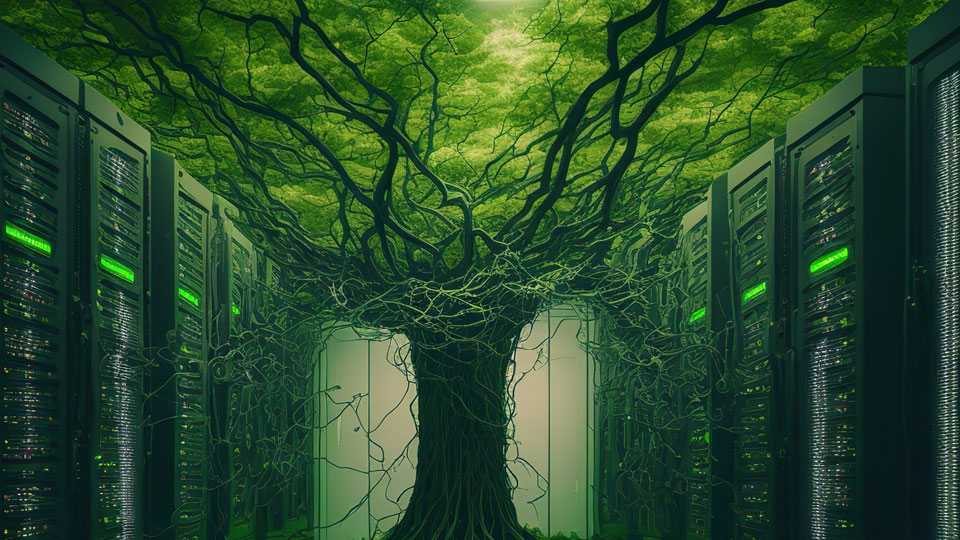 A computer server room with a tree growing in the centre