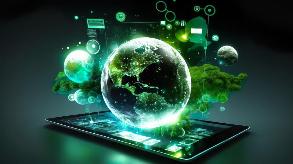 A tablet with a green globe above it