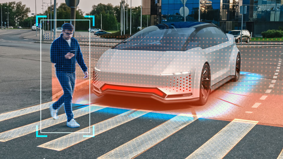 Autonomous vehicle stopped at a crossing having sensed a pedestrian