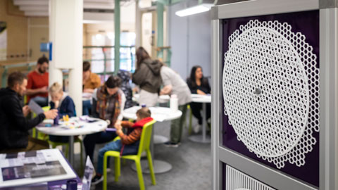 A view across one of the activity areas - busy with people