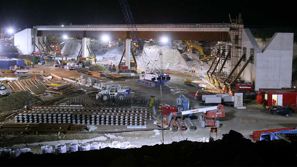 HS1 bridge construction site at night