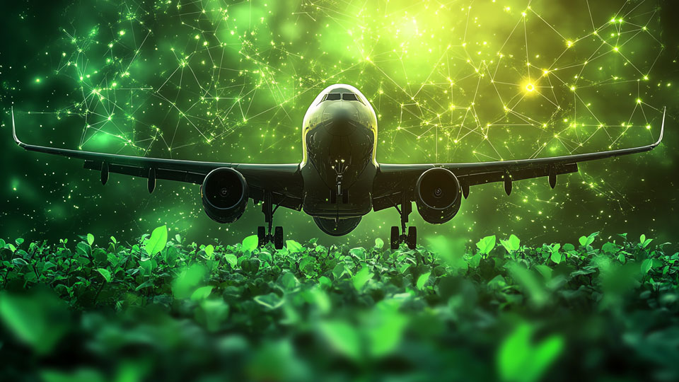Image of aircraft landing - the use of green and runway of leaves suggest sustainability
