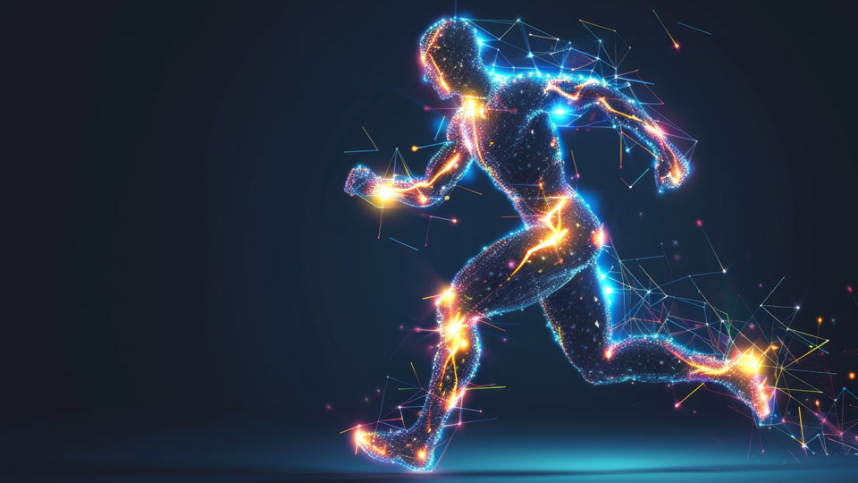 AI image: a figure running, muscle activity illustrated with golden lines