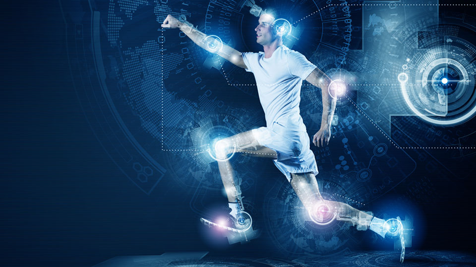 AI image: a man running, his joints and head highlighted with monitoring data lines