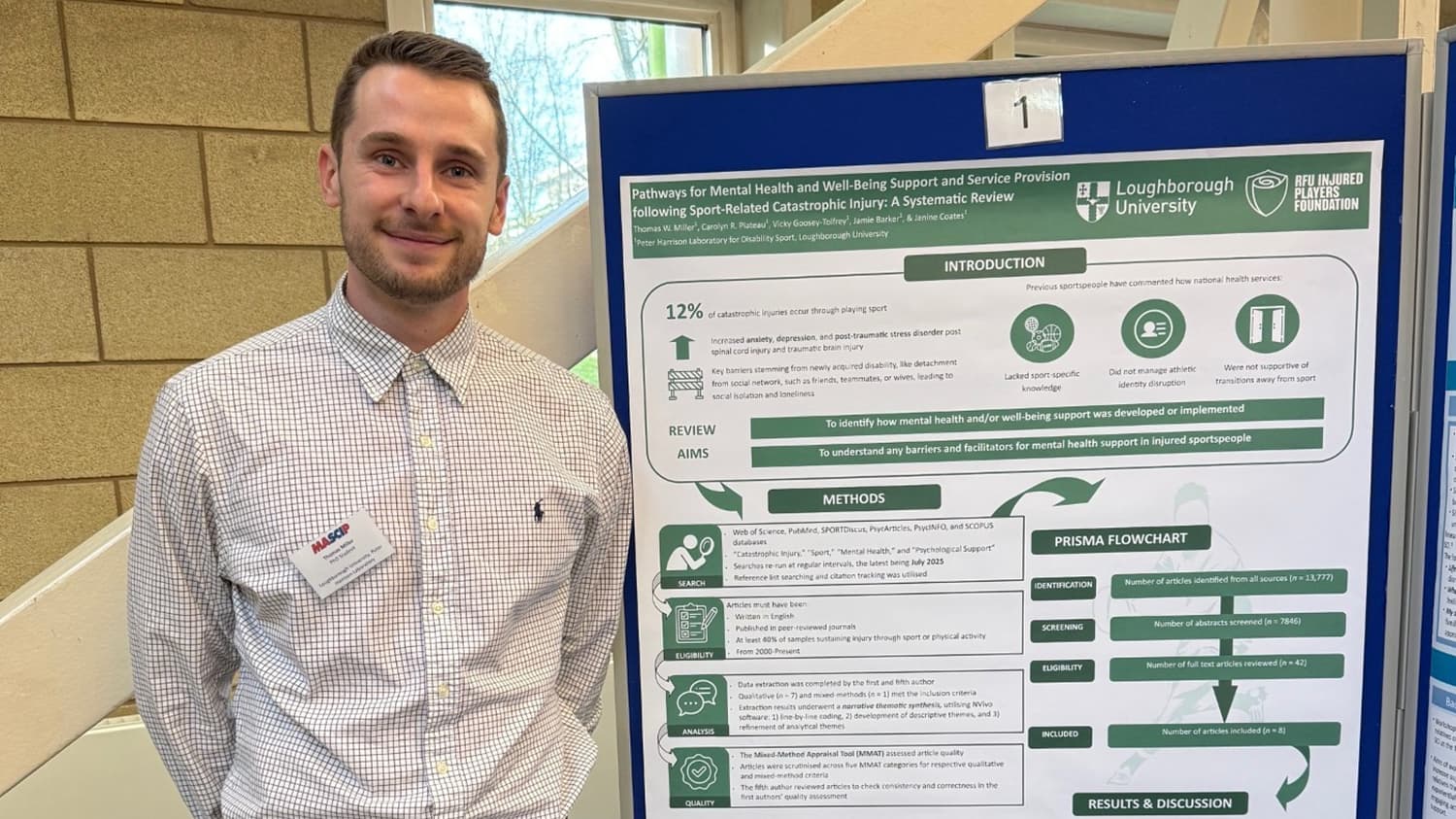 PHC doctoral researcher Thomas Miller standing next to his poster