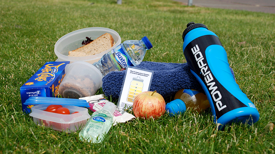 Collection of food and drink for consumption during exercise.