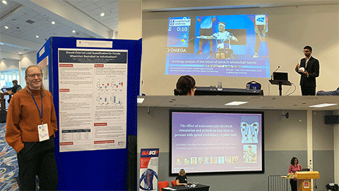 Collage of 3 researchers (2 female, 1 male) presenting their work at a conference