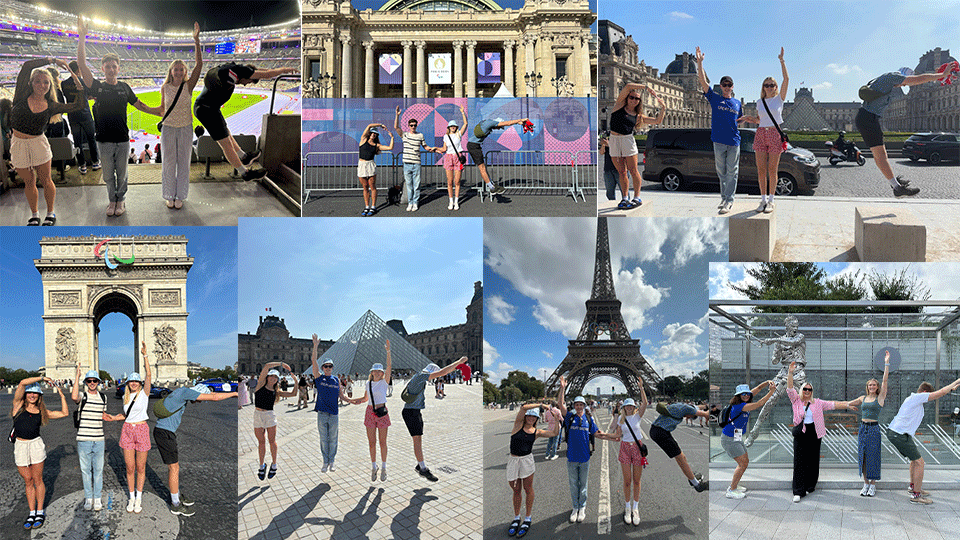 A collage of researchers from Loughborough University creating the letters P-H-C at famous landmarks in Paris.