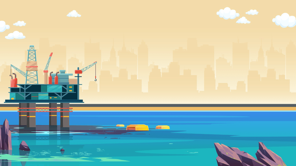 Graphic of an oil rig with a city skyline in the background