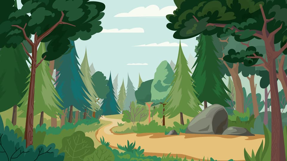 Illustration of a forest with a path winding through the centre into the distance