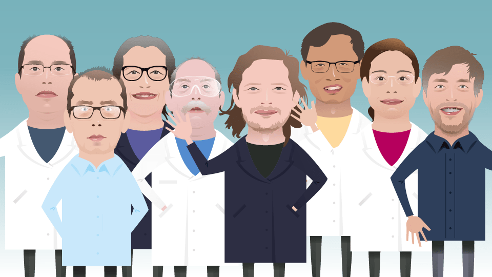 Illustration of a variety of people in lab coats