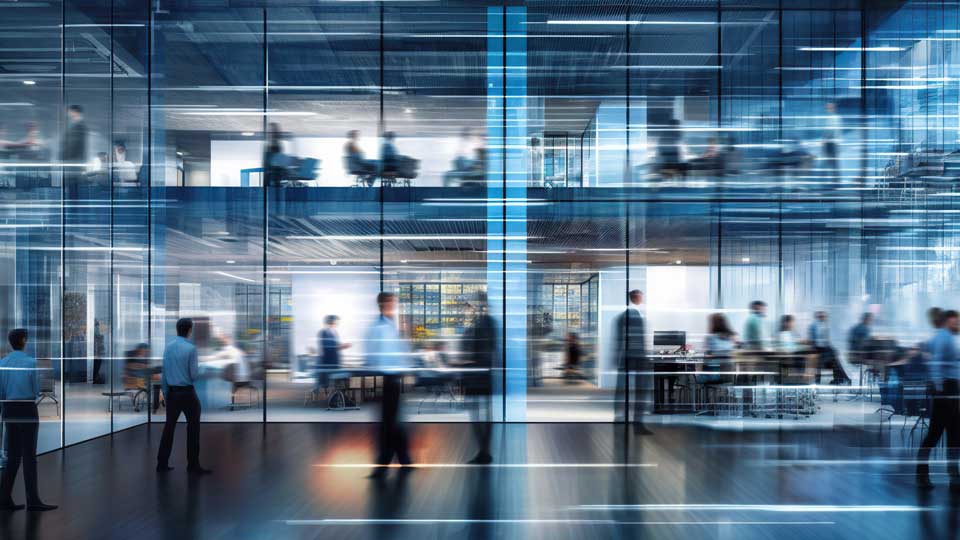 Time lapse photograph of a busy workplace