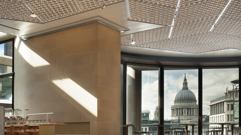 Photograph of an SAS ceiling in a building in London - St Paul's dome is visible through the window in the background