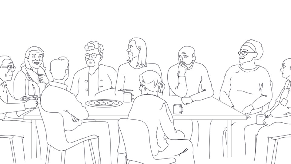 Illustration showing people - gathered at a bereavement group meeting - sitting round a table, talking