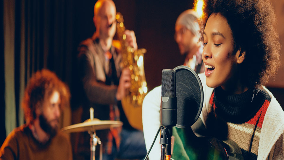 Musicians in a recording studio