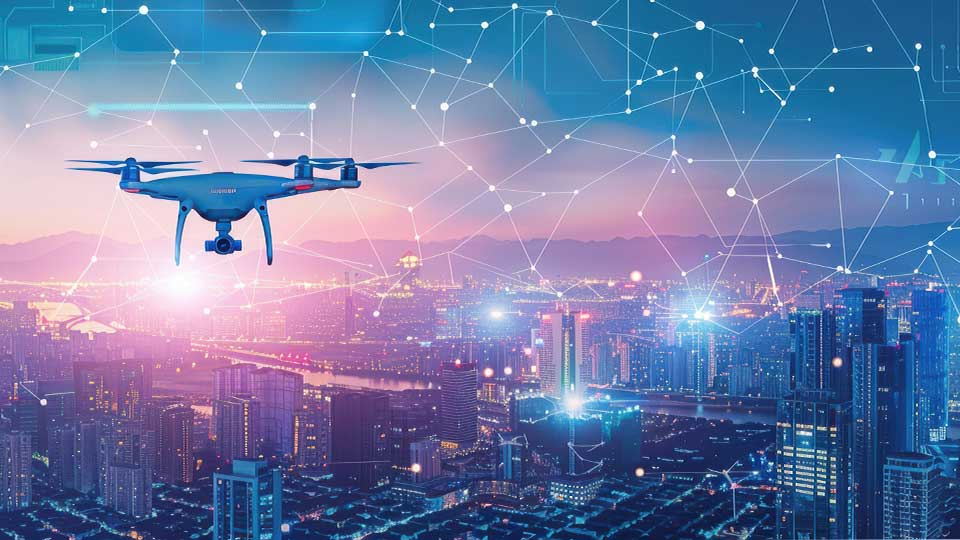 Digital image of drone and skyscrapers