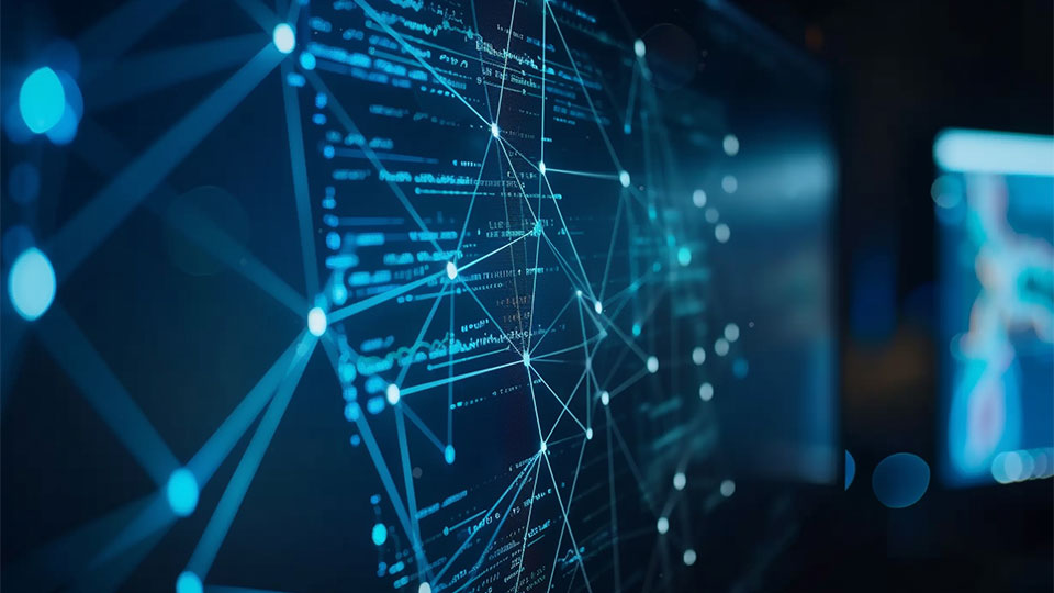 A close-up of a computer monitor showing a complex blockchain network managing health records