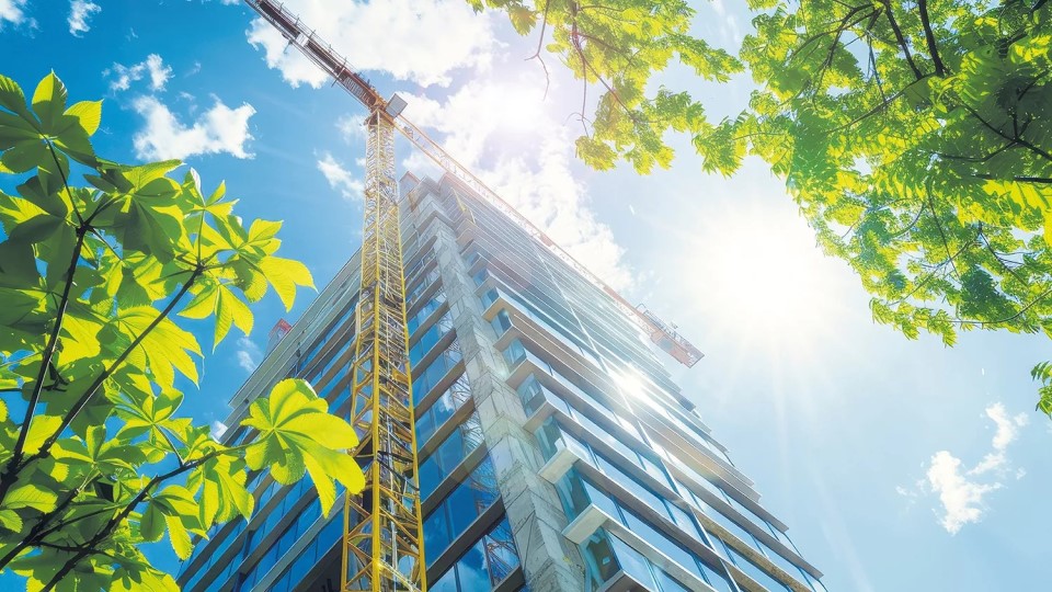 A high rise building standing tall under sunshine hovered by a yellow crane and surrounded by leafy trees.