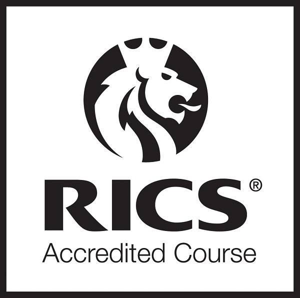 A black and white logo for RICS accredited courses depicting a lion