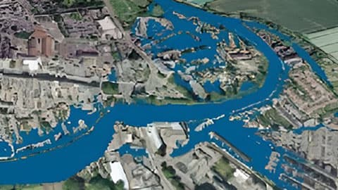 ariel view of landscape with a blue overlay showing flood risk