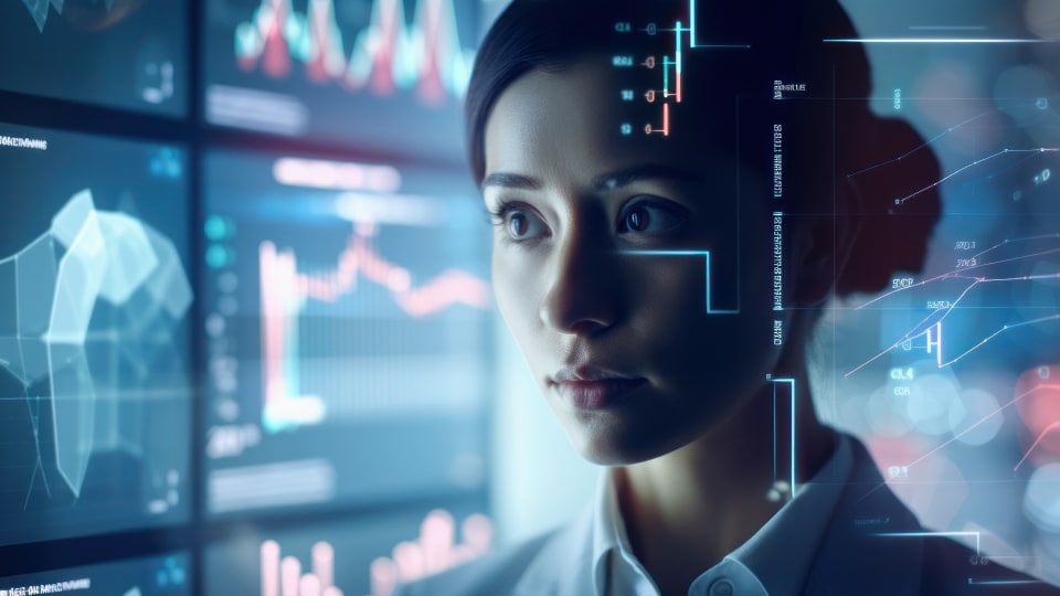 A close up of a woman's face with charts and graphs in the background