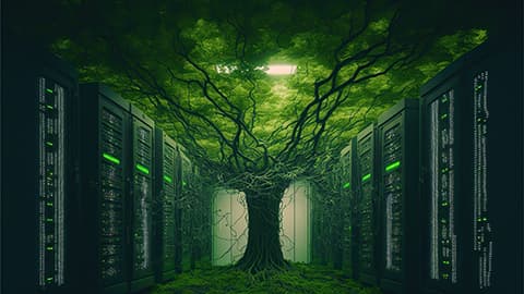 A server room full of grass and a tree in the centre.