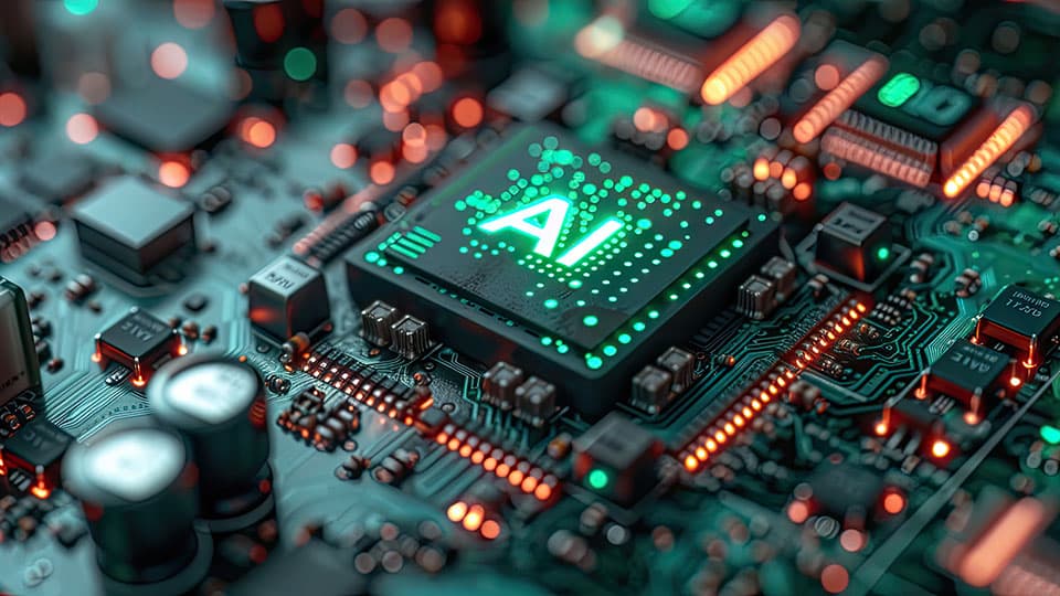 A circuit board with a chip that says 'AI' on top.