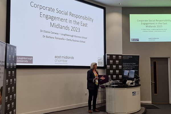 Elaine Conway delivering a presentation at the East Midlands Chamber CSR Summit.