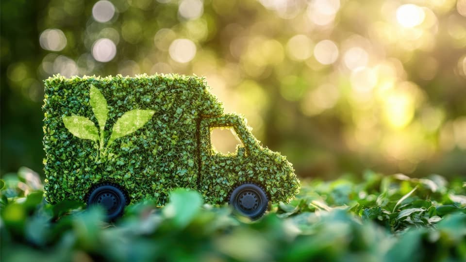 A graphic of a delivery van covered in greenery on top of leaves.