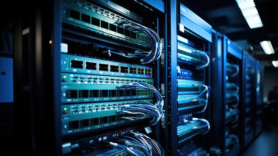 A shot of the network backbone in a server farm, with neatly organised cables and switches.