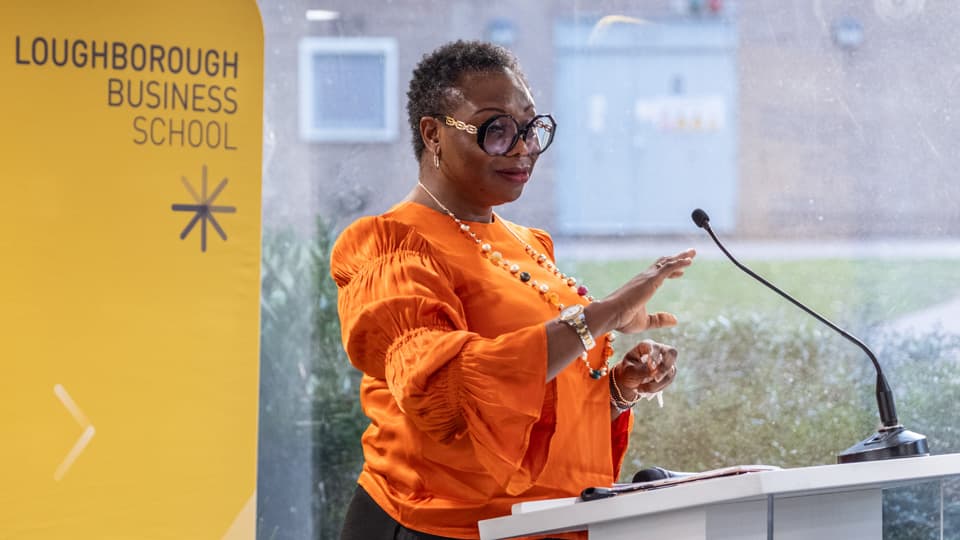 Dr Ashiedu Joel delivers a talk to the Leadership to Legacy event at Loughborough Business School.