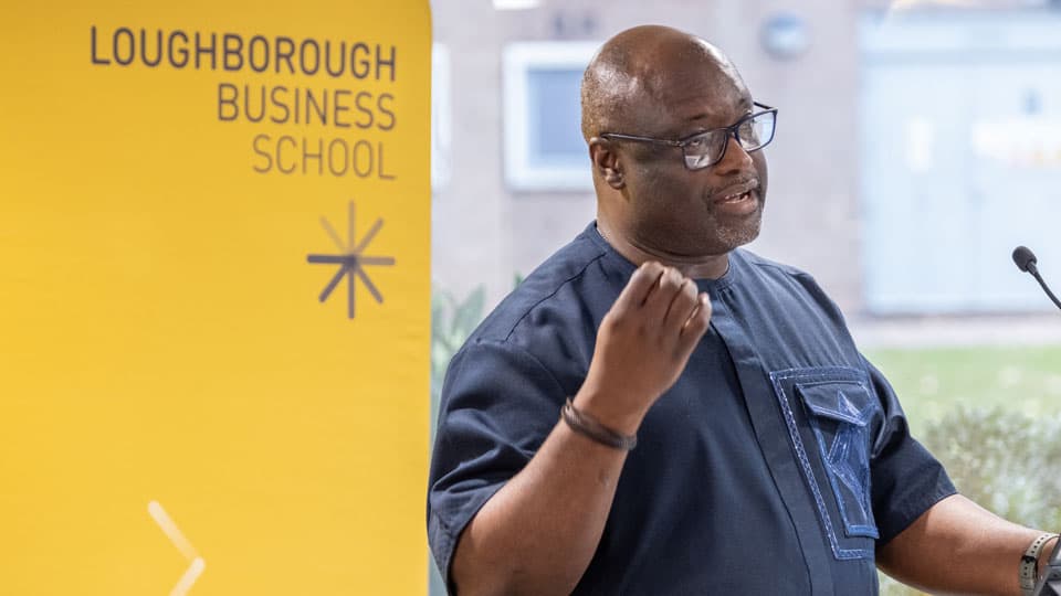 Professor Martin Tuuli delivers a talk to the Leadership to Legacy event at Loughborough Business School.