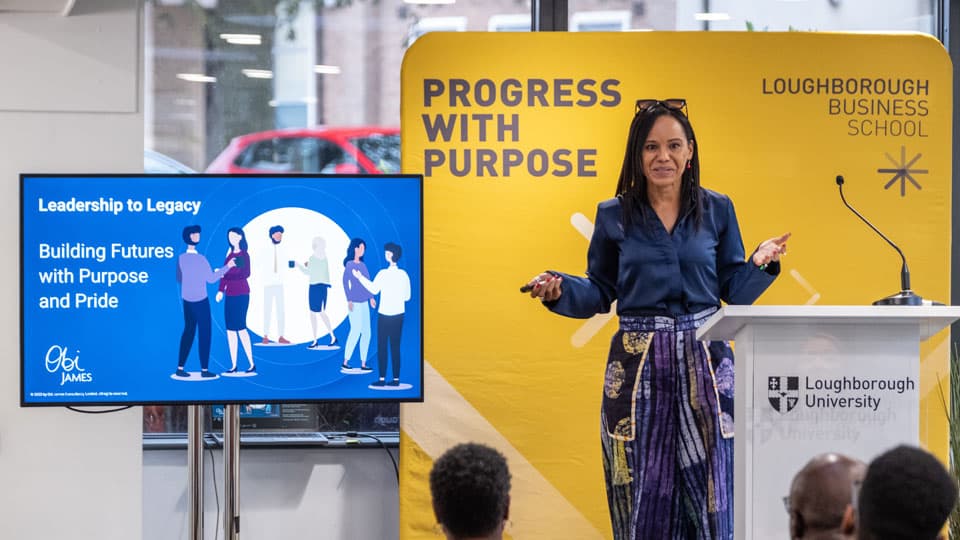 Speaker Obi James delivers a talk to the Leadership to Legacy event at Loughborough Business School.