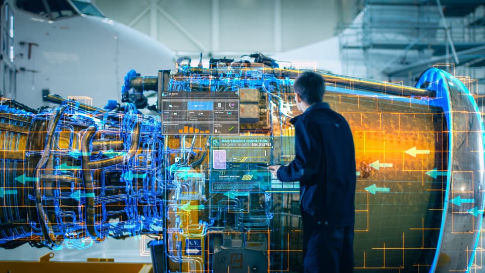 Visualization of futuristic airplane engine maintenance conducted by an engineer holding a digital tablet computer.