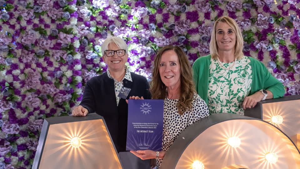 L:R, Dr Jeannie Holstein, Angela Stewart and Jan Godsell of the InterAct team hold the Vice-Chancellors Award's nomination.