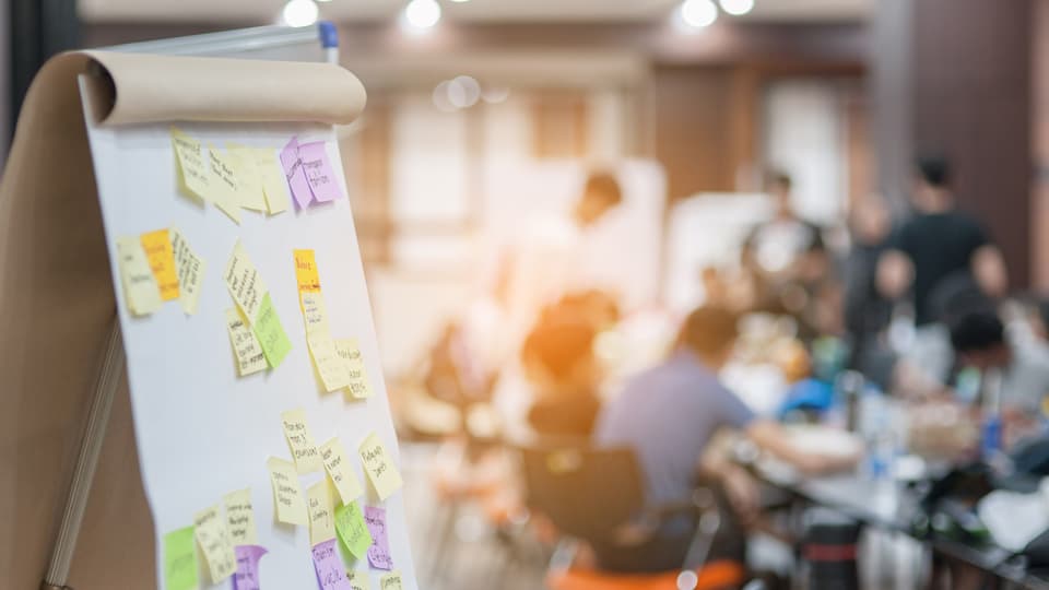 A flipchart board covered in post-it notes, in the background a group of people are sat around a table.