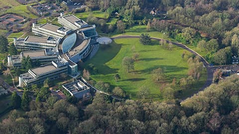 A bird's eye view of the Pfizer office from above.