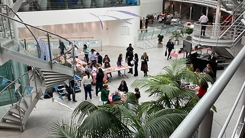 Interior view of the Pfizer office. It shows a large open space with seating and plants.