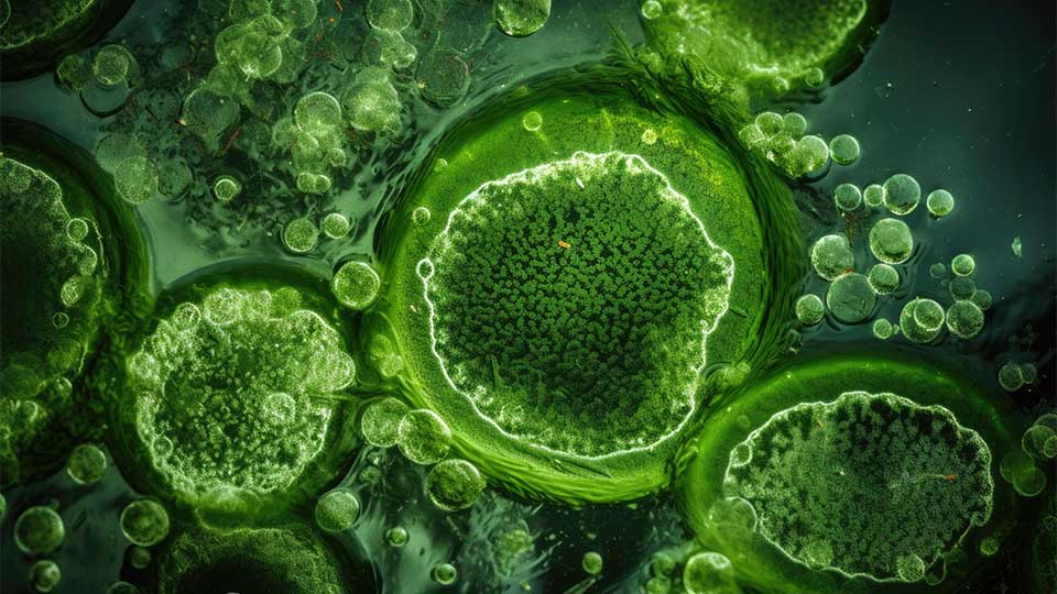 Algae, microalgae macro. biotechnology, science. Flat lay, top view. Biofuel research process in laboratory.