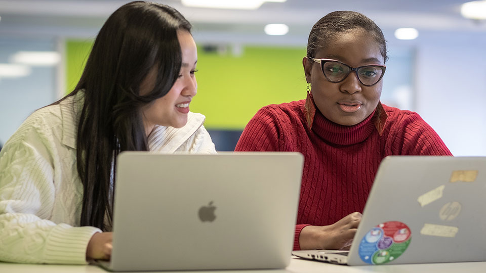 Two female students sitting at a desk looking at their laptop computer screens